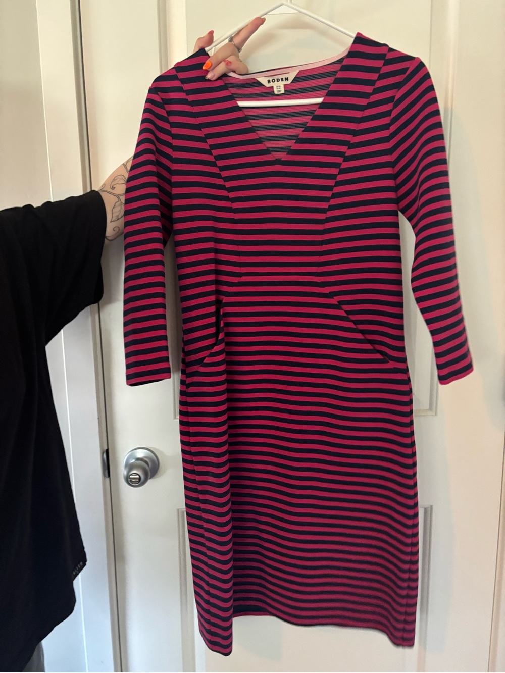 Boden Pink and Navy Striped V-Neck Midi Dress
